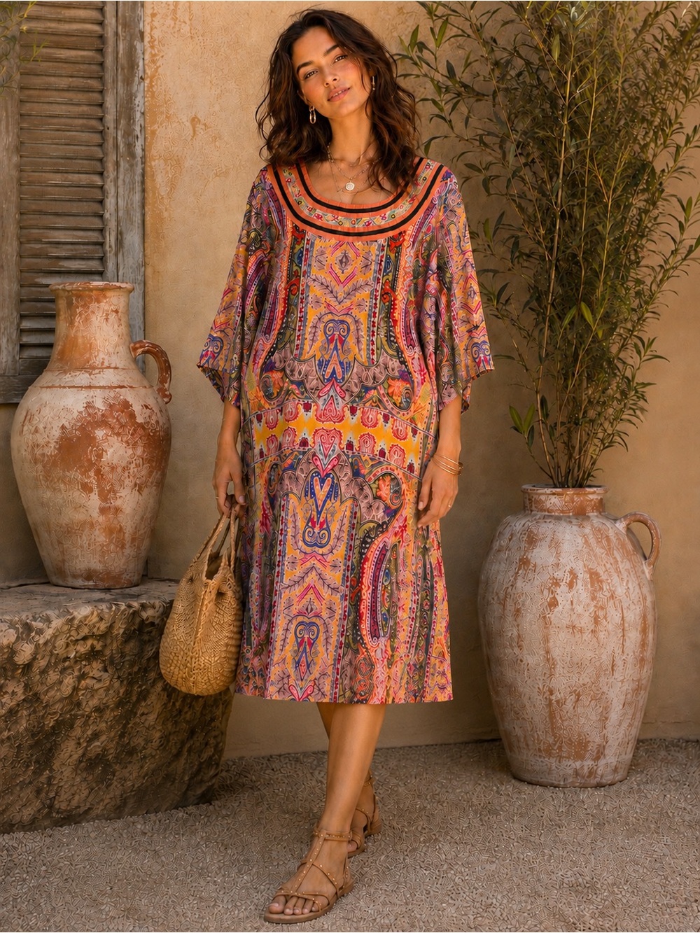 Vogue Silk Blend Boho Caftan Tunic Dress Embroidered One Size Resort Cover Up